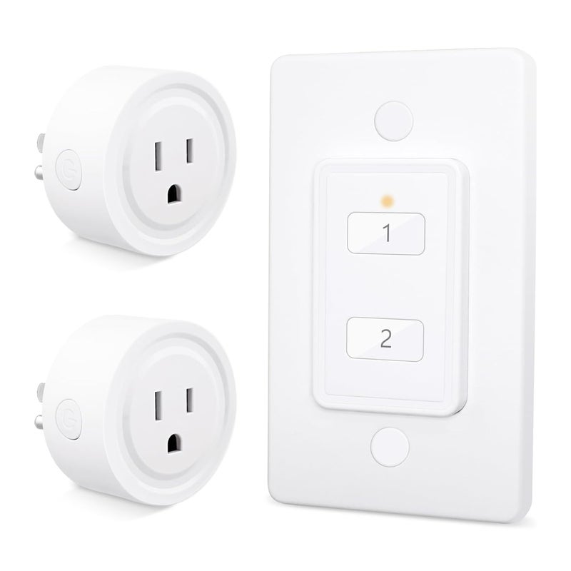 LoraTap Mini Wireless Remote Control Outlet Plug Adapter (2 Pack) with Remote, 2 Channel Wall Switch, 656ft Control Range for Indoor Lamps and Home Appliances, No Hub Required, 10A/1100W, White - Image 1